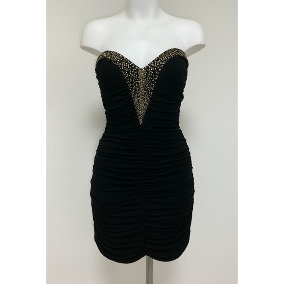 Y2K BeBe Mini Dress Womens Small Black Bodycon Beads Ruched McBling Strapless - Picture 1 of 6